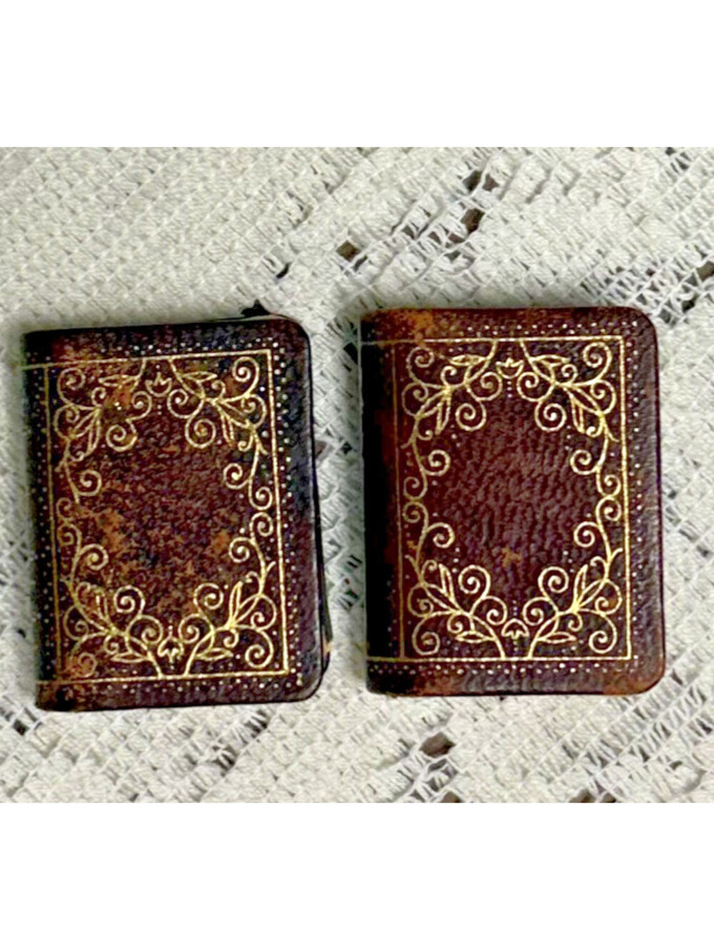 Pair Miniature Book Trinket Boxes Faux Leather Gold Tooled Dollhouse Book Decor